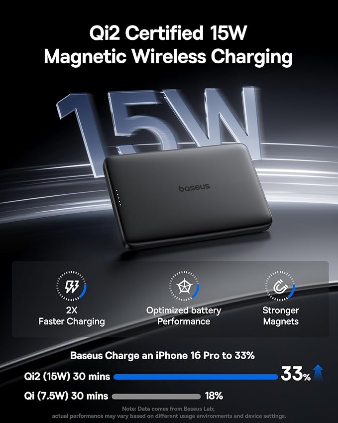 Baseus Picogo Magsafe Portable Charger, Qi2 Certified 0.5" Ultra Slim 15W Wireless Power Bank, 10000mAh 27W Fast Charging Magnetic Battery Pack with USB-C for iPhone 17/16/15/14/13/12 Series Only