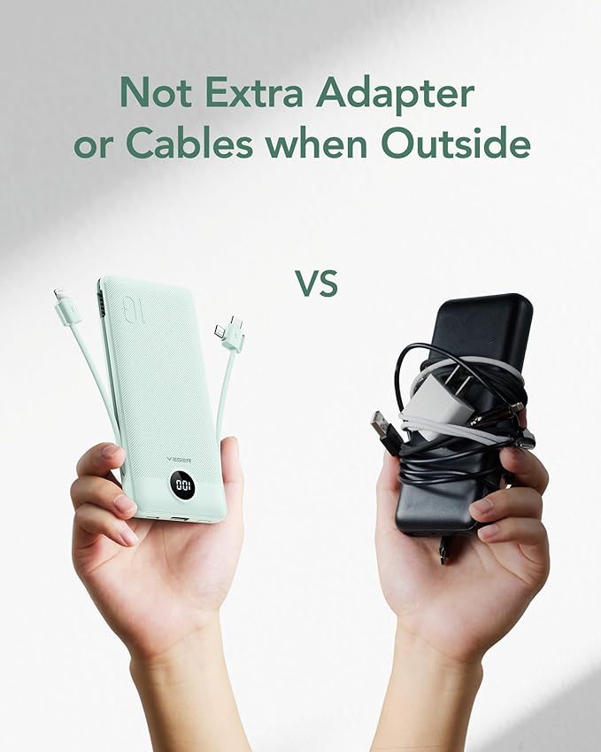 VEGER Portable Charger with Built-in AC Plug and Cables, All in One 10000mAh Ultra Slim Power Bank Travel Essentials, 15W Fast Charging Battery Pack Compatible with iPhone, Samsung, Android (Green)