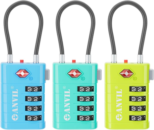 ANVIL 4 Digit Luggage Locks, TSA Locks for Luggage, Advanced TSA008 core, Alert Indicator for Your Travel Lock, Suitcase Lock.(3, 3 Colors)