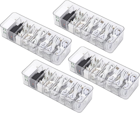 Yesesion 4 Pack Cord Organizer Box with 40pcs Wire Ties, Plastic Charger Storage Case with Adjustable Dividers for Desk Drawer, Home Office Supplies, Stationery, Data Cable, USB, Battery Holder
