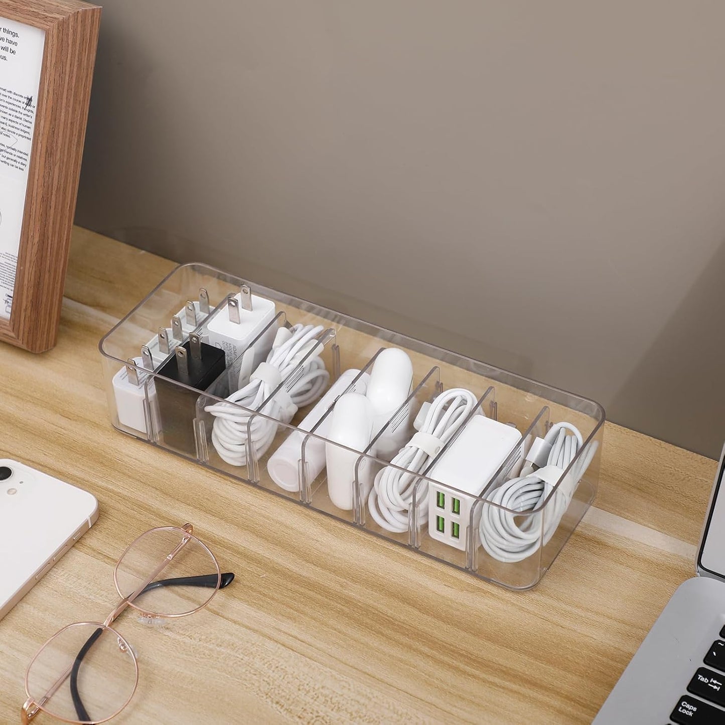 Yesesion Clear Plastic Cable Organizer Box with Adjustment Compartments, Desk Accessories Storage Case with 10 Wire Ties for Drawer, Office Supplies, Electronic Management, Battery and Charger