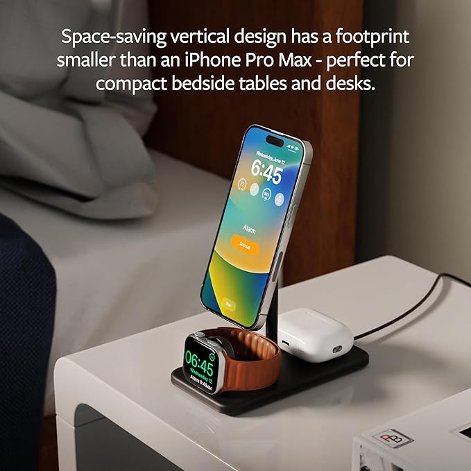 Twelve South HiRise 3 Deluxe, Compact Luxury Wireless Magsafe Charging Stand for iPhone, AirPods and Apple Watch - Includes US Power Supply with 5 Foot Cord, Plus International Plug Adapters, Black