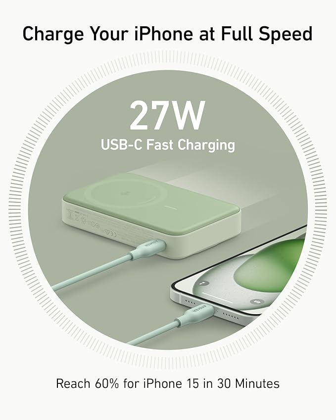 Anker MagGo Power Bank, Qi2 Certified 15W Ultra-Fast MagSafe-Compatible Portable Charger, 10,000mAh Battery Pack with Smart Display and Foldable Stand, For iPhone 15/14/13/12 Only(USB-C Cable Include)