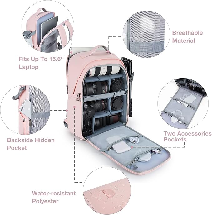BAGSMART Camera Backpack, DSLR SLR Camera Bag Backpack Fits 15.6 Inch Laptop, Waterproof Camera Case for Photographers and Women,with Rain Cover,Tripod Holder,Pink