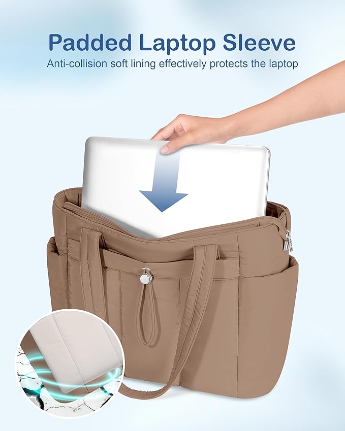 TOPDesign Puffy Tote Bag for Women with Cup Holder & Laptop Compartment & Cosmetic Bag & Trolley Sleeve for Work, Travel