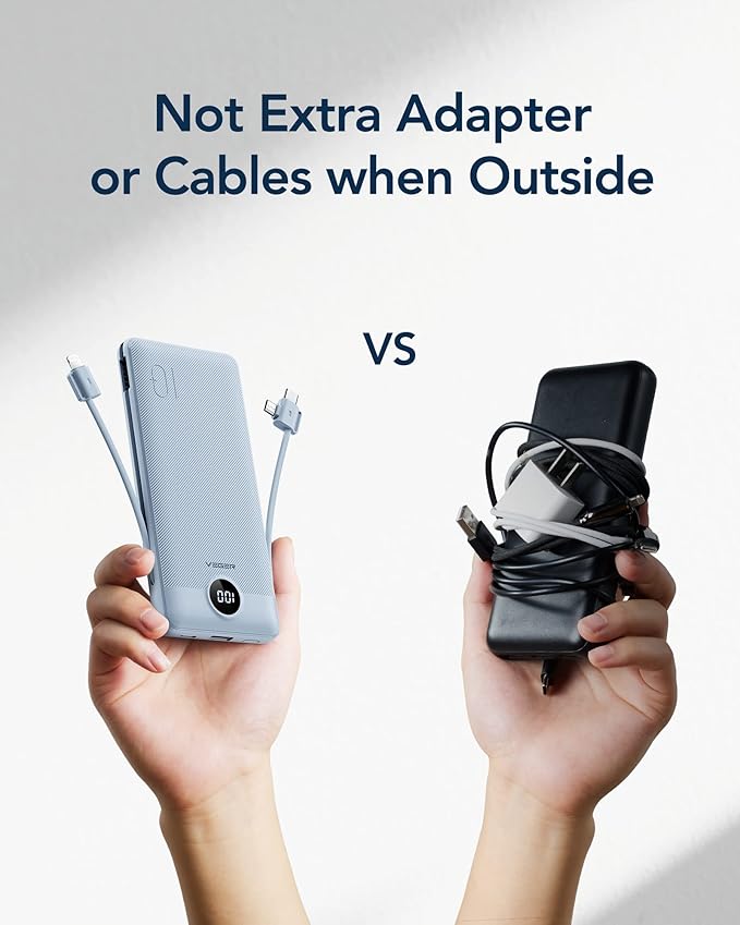 VEGER Portable Charger for iPhone Built in Cables and Wall Plug, 10000mah Slim Fast Charging USB C Power Bank, Travel Essential Battery Pack Compatible with iPhones, iPad, Samsung More Devices(Blue)