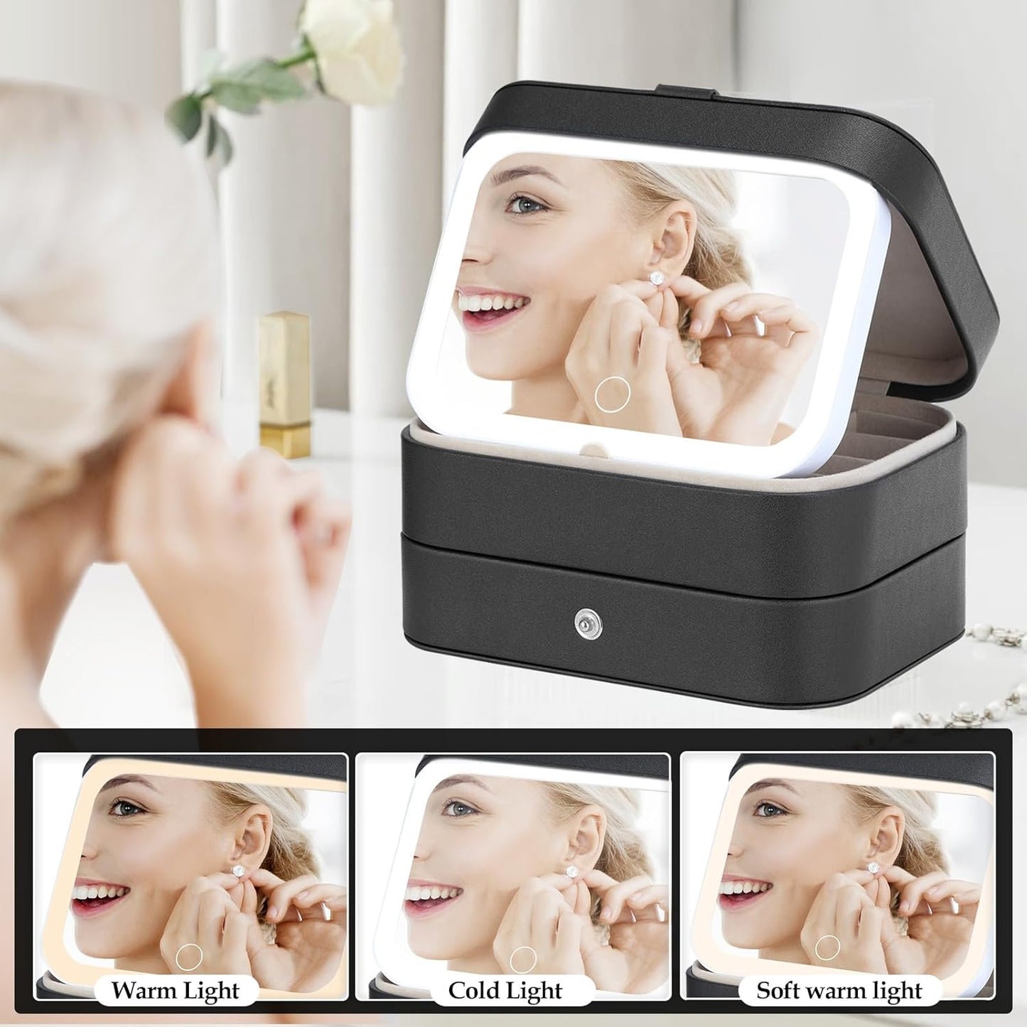 Travel Jewelry Case with LED Lighted Mirror, Portable Travel Jewelry Organizer, 2-Layer Jewelry Box for Earrings Necklace Bracelet Rings, Birthday Gifts for Women Girls Kids (Black)