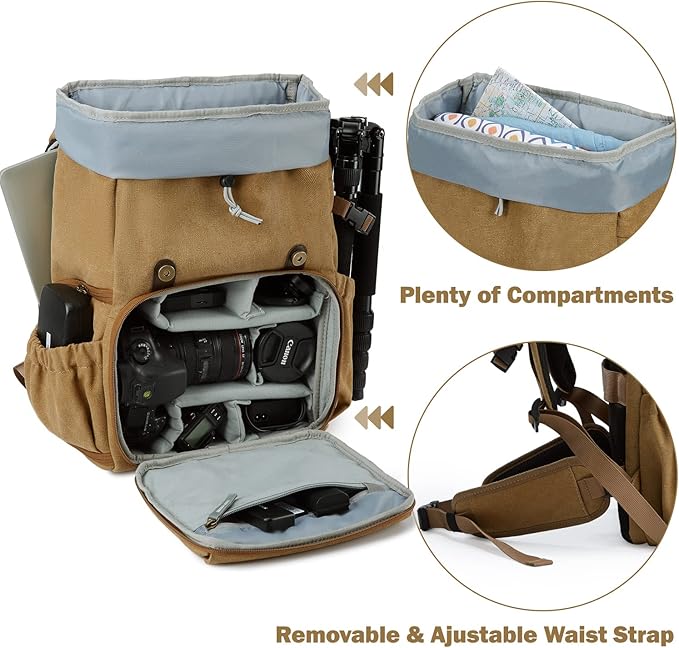 BAGSMART Camera Backpack, DSLR Camera Bag, Waterproof Camera Bag Backpack for Photographers, Fit up to 15" Laptop with Rain Cover and Tripod Holder, Khaki
