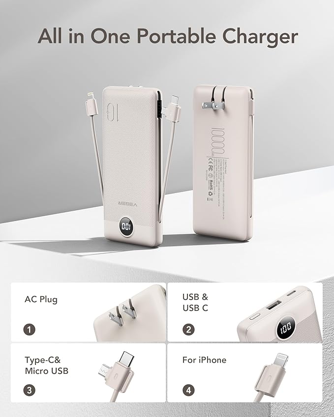 VEGER Portable Charger with Built-in AC Plug and Cables, All in One 10000mAh Ultra Slim Power Bank Travel Essentials, 15W Fast Charging Battery Pack Compatible with iPhone, Samsung, Android (Coffee)