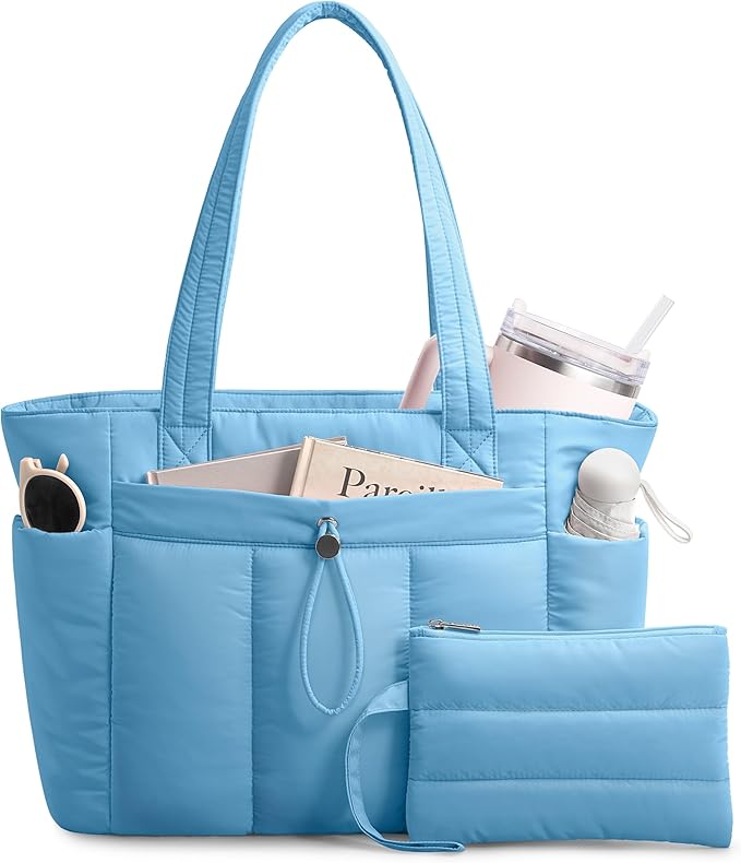 TOPDesign Puffy Tote Bag for Women with Cup Holder & Laptop Compartment & Cosmetic Bag & Trolley Sleeve for Work, Travel