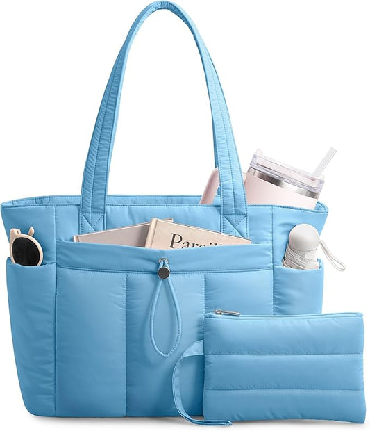 TOPDesign Puffy Tote Bag for Women with Cup Holder & Laptop Compartment & Cosmetic Bag & Trolley Sleeve for Work, Travel