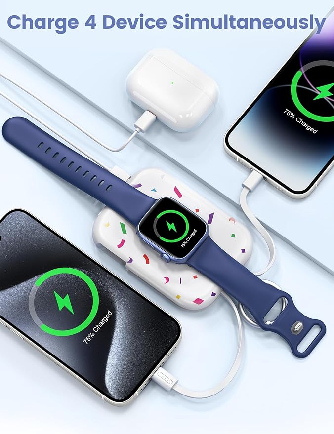 RORRY Portable Charger, 5000mAh Portable Charger Power Bank with Built-in Cables, Travel Keychain Battery Pack for Apple Watch Ultra/11/10/9/8/7/6/SE, iPhone Air/17/16/15/14/13/12, Confetti-White