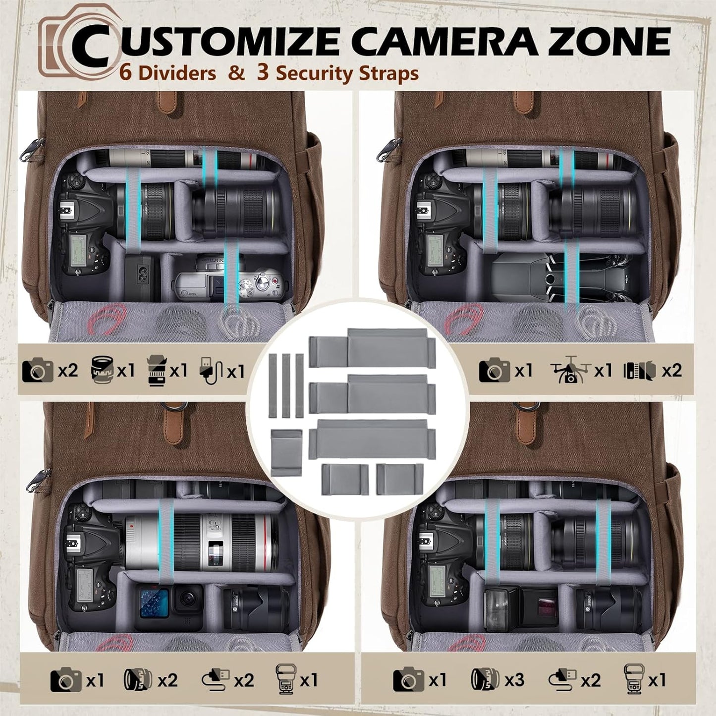 RAINSMORE Camera Bag Backpack for DSLR/SLR Mirrorless 15.6 Inch Laptop Camera Back Pack for Photographers Anti-Theft Photography Bags Case with Tripod Holder & Rain Cover, Coffee