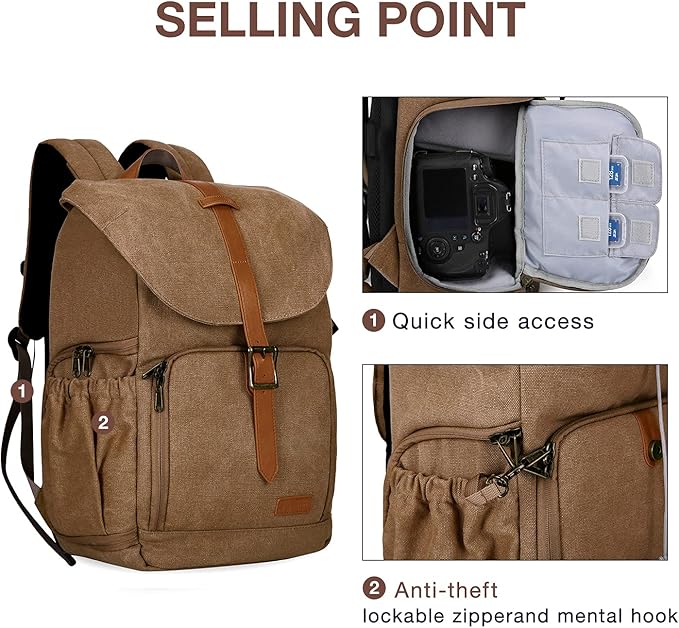 BAGSMART Camera Backpack, DSLR Camera Bag Backpacks for Photographers, Waterproof Anti-Theft Photography Backpack with 15 Inch Laptop Compartment, Khaki