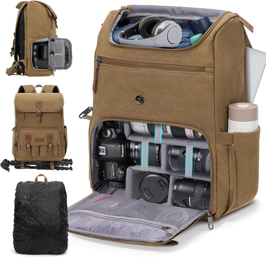 RAINSMORE Camera Bag Backpack for DSLR/SLR Mirrorless 15.6 Inch Laptop Camera Back Pack for Photographers Anti-Theft Photography Bags Case with Tripod Holder & Rain Cover, Khaki