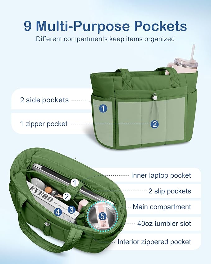 TOPDesign Puffy Tote Bag for Women with Cup Holder & Laptop Compartment & Cosmetic Bag & Trolley Sleeve for Work, Travel