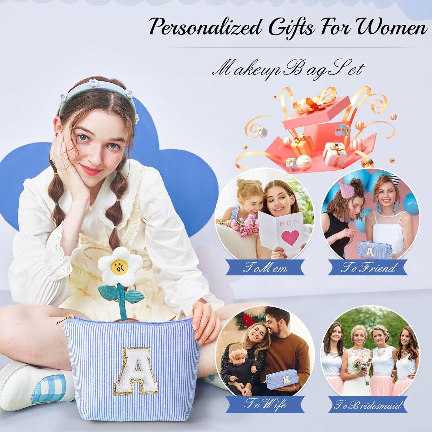 YOOLIFE Travel Makeup Bag for Women, Initial Make Up Bag with Makeup Brush Bag Monogram Makeup Bags 2 Pieces Cute Makeup Bag Personalized Sister Gifts Best Friend Birthday Gifts for Women Her Mom H