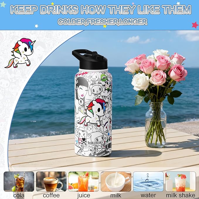 Tokidoki Unicorno 32OZ Water Bottle with straw Anime Cartoon Reusable Insulated Water Bottle Cup Tumbler with Leak Proof Flip for Outdoor Gym (BN-allstars)
