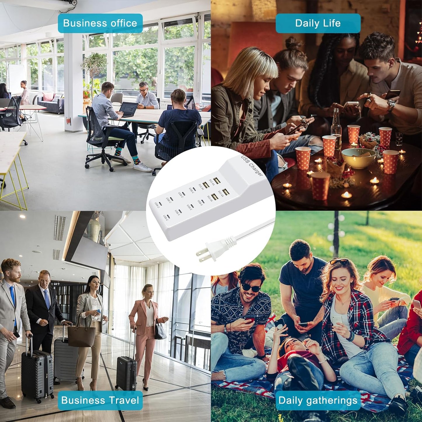 USB Charging Station with 12 Port USB Power Strip Fast Charging for Multiple Devices Compatible with Cell Phones Tablets Laptops (XHK-4U8C)