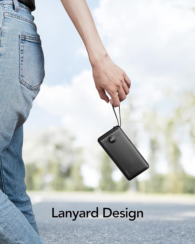 VRURC Portable Charger with Built in Cables, Slim Power Bank 10000mAh, USB C Battery Pack Travel Essential, 5 Outputs 2 Inputs Phone Charging Bank for iPhone 16 15 14 13,Samsung,Android-Black(1 Pack)