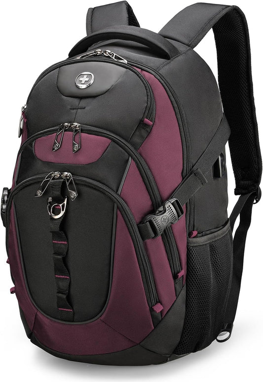 Swissdigital Design Laptop Backpack with USB Charging Port, TSA Travel Backpack Fits 15.6 inches Computer, 31L College School Backpack for Women, Burgundy/Black | SD803