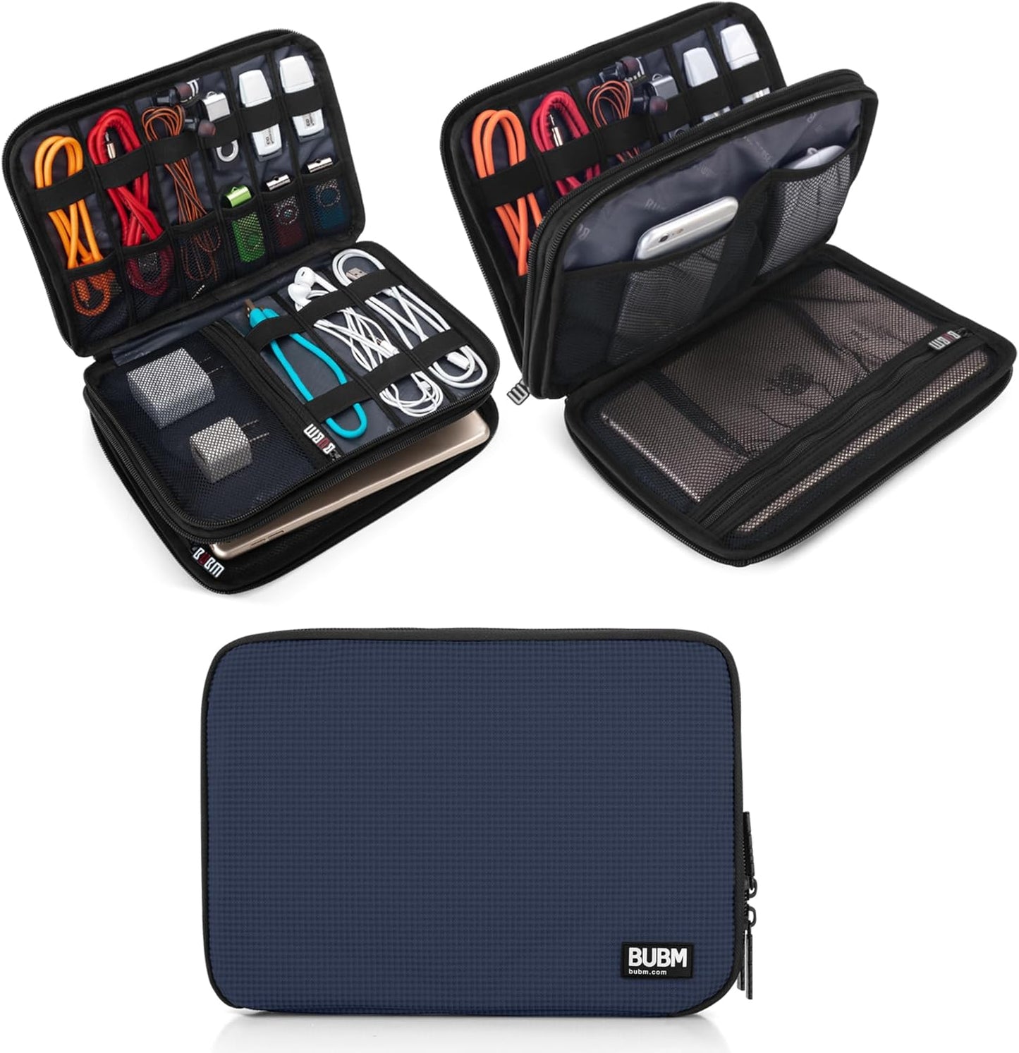 BUBM Double Layer Electronic Accessories Organizer, Travel Gadget Bag for Cables, USB Flash Drive, Plug and More, Perfect Size Fits for iPad Mini (Medium, Dark Blue)