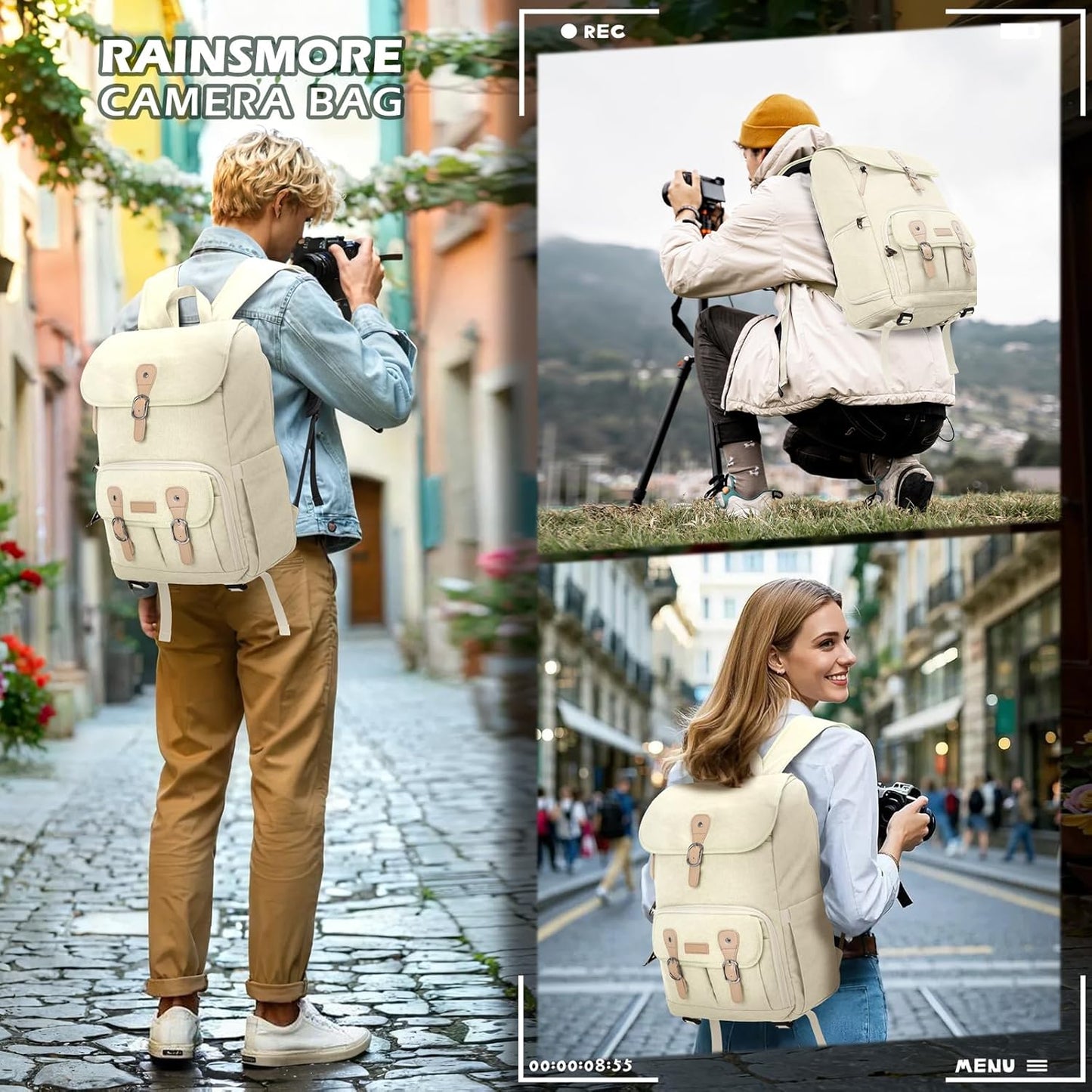 RAINSMORE Camera Bag Backpack for DSLR/SLR Mirrorless 15.6 Inch Laptop Camera Back Pack for Photographers Anti-Theft Photography Bags Case with Tripod Holder & Rain Cover, Beige