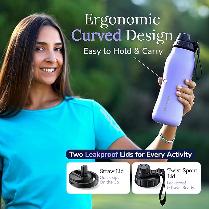 Insula Stainless Steel Water Bottle with Spout & Straw lid, BPA Free & Leakproof, Double Walled Vacuum Insulated water bottle for Sports, Bike, Travel & Hiking (Midnight Black, 24 Oz)