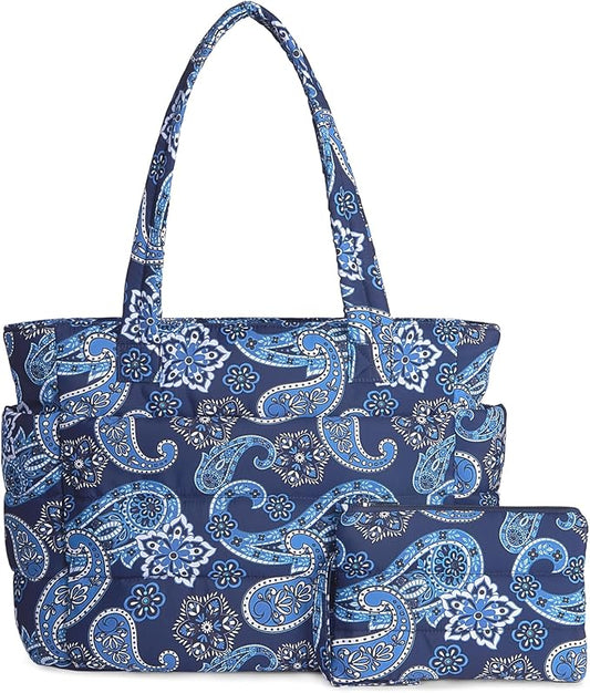 TOPDesign Puffer Tote Bag for Women, Lightweight Puffy Handbag with Compartments, Quilted Shoulder Bag for Work, Travel, Gym