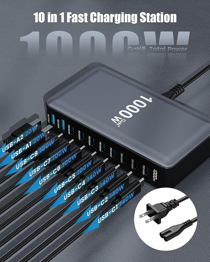 1000W USB C Charger Block,10-Port USB C Charging Station GaN IV Travel Essentials Multiple Port Charging Station,140W Laptop Fast Charger Adapter for MacBook Pro/Air,DELL,iPad,iPhone,Samsung Galaxy