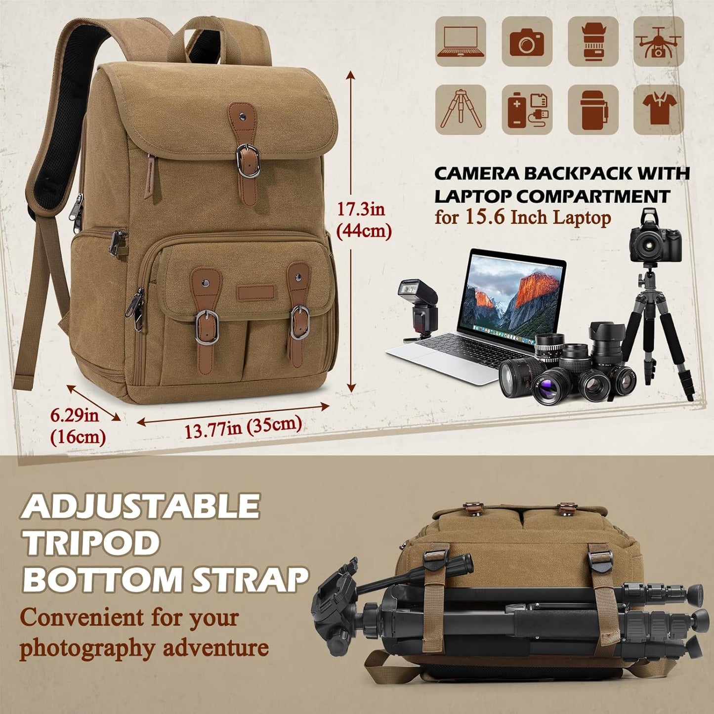 RAINSMORE Camera Bag Backpack for DSLR/SLR Mirrorless 15.6 Inch Laptop Camera Back Pack for Photographers Anti-Theft Photography Bags Case with Tripod Holder & Rain Cover, Khaki