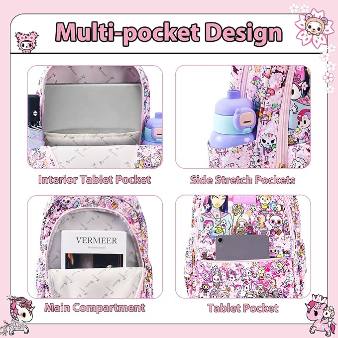 Tokidoki Unicorno Backpack Laptop Backpack for Women, Cartoon Pink Backpack Large Carry on Backpack College Bookbag Casual Daypack for Travel Outdoor Sports Hiking(Hanami Picnic)