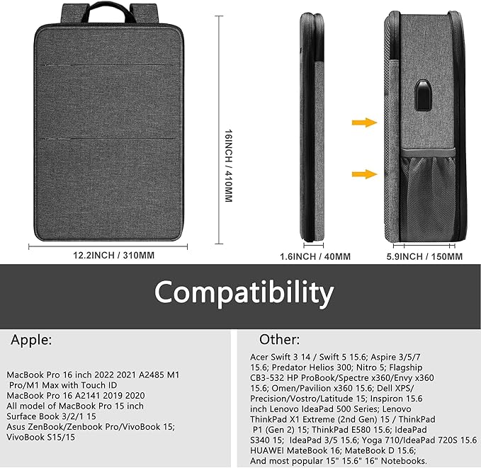 ZINZ Slim & Expandable Laptop Backpack 15 15.6 16 Inch Sleeve, Spill-Resistant Notebooks Bag Case for Most 14-16 Inch MacBooks Surface-Books Dell HP Lenovo Asus Computers,G01BK02