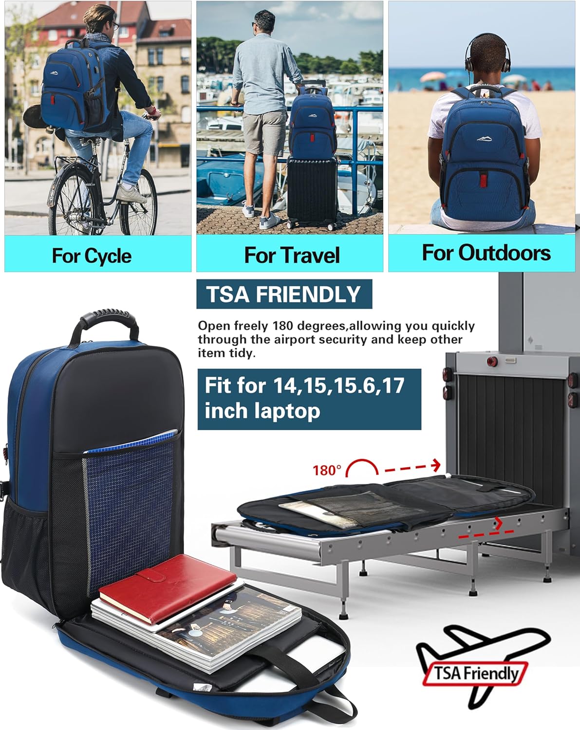 ProEtrade Travel Backpack, Extra Large Laptop Backpack School Business Anti Theft TSA Approved College Work Computer Bag Fits 17 Inch Laptop with USB Charging Port Bookbag for Women Men(Blue)