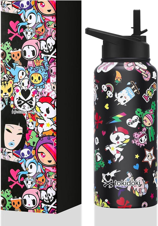 Tokidoki Unicorno 32OZ Water Bottle with straw Anime Cartoon Reusable Insulated Water Bottle Cup Tumbler with Leak Proof Flip for Outdoor Gym (all-stars)