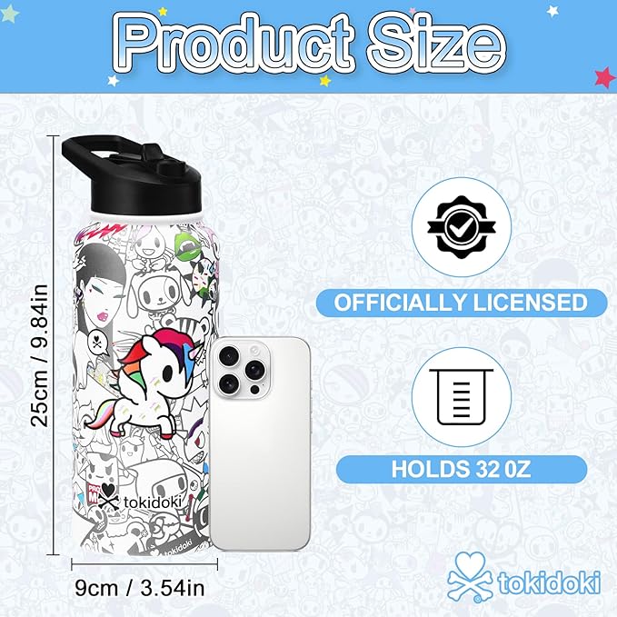 Tokidoki Unicorno 32OZ Water Bottle with straw Anime Cartoon Reusable Insulated Water Bottle Cup Tumbler with Leak Proof Flip for Outdoor Gym (BN-allstars)