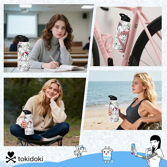 Tokidoki Unicorno 32OZ Water Bottle with straw Anime Cartoon Reusable Insulated Water Bottle Cup Tumbler with Leak Proof Flip for Outdoor Gym (BN-allstars)