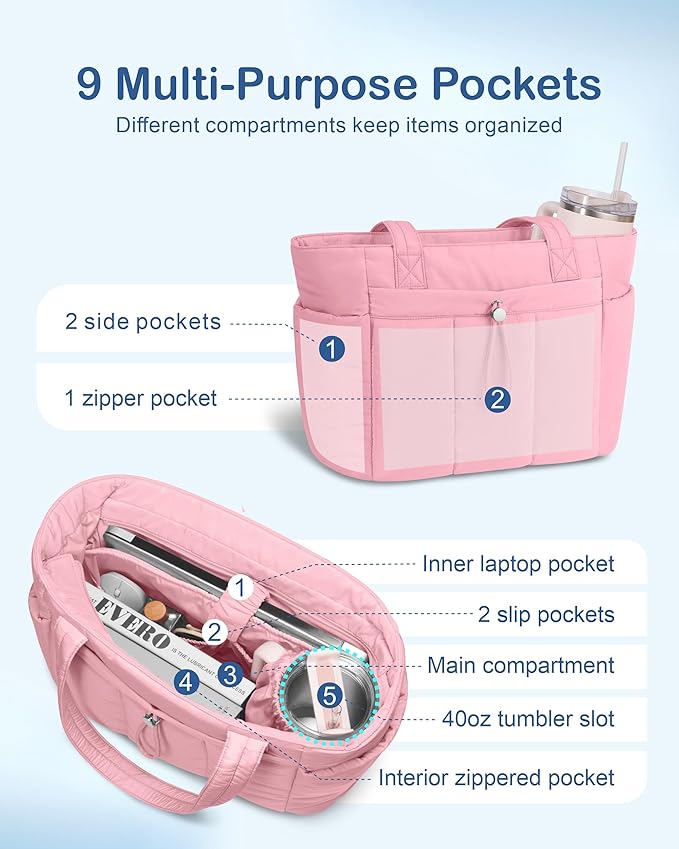 TOPDesign Puffy Tote Bag for Women with Cup Holder & Laptop Compartment & Cosmetic Bag & Trolley Sleeve for Work, Travel