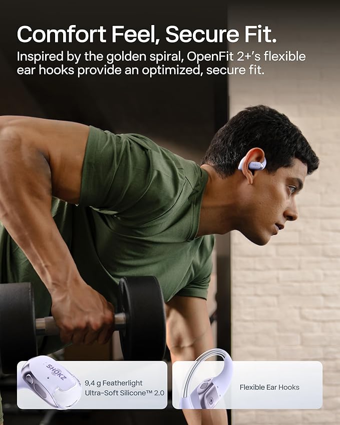 SHOKZ New OpenFit 2+ Open-Ear Headphones,Dolby Audio Enabled,Comfortable Earbuds with Soft Ear Hooks,48H Playtime,IP55 Water-Resistant,USB-C Fast Charging,Wireless Charging - Online Exclusive Purple
