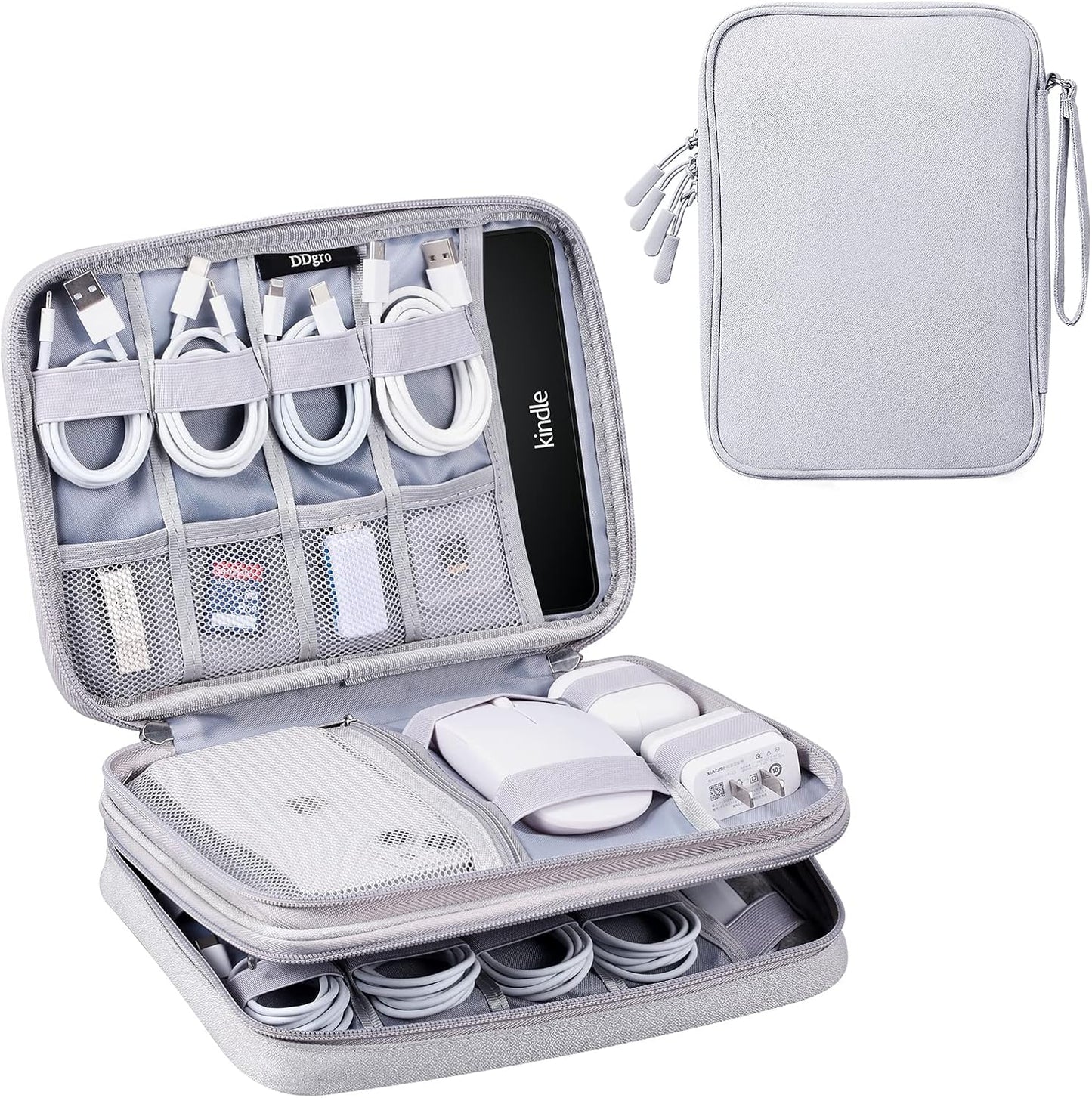 DDgro Cable Organizer Bag, Large Charger Cord Travel Case for Electronics & Tech Accessories (Large, Light Grey)