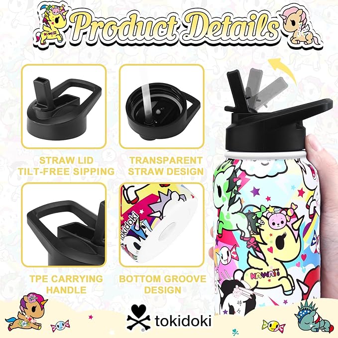 Tokidoki Unicorno Bottle 32oz Insulated Stainless Steel Water Bottle Reusable Vacuum Insulated Water Bottle Tumbler with Leak Proof Flip Bottle for Travel Office Gym (rainbow unicorno)