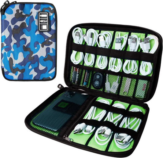Electronics Travel Organizer,Portable Waterproof Electronic Travel Storage Bag for Small Charging Cord Storage,Charger,SD Card etc,for Travel,Business-Blue Camouflage