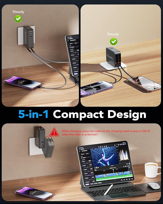 65W for MacBook Pro Charger,5-in-1 Retractable Wall Charger Plug for iPhone 17, Dual 3.94 ft PD USB C Cable&3 Ports, Fast Charging Block for Mac Book Pro/Air, M1 M2 M3 M4, iPad Pro,Galaxy,Pixel