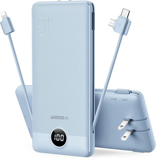 VEGER Portable Charger for iPhone Built in Cables and Wall Plug, 10000mah Slim Fast Charging USB C Power Bank, Travel Essential Battery Pack Compatible with iPhones, iPad, Samsung More Devices(Blue)