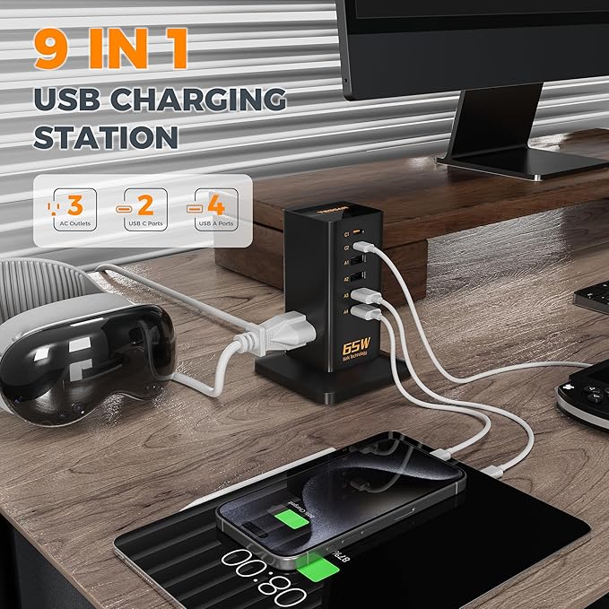 USB Charging Station for Multiple Devices PD 65W, TESSAN 9-in-1 USB C Charger Block for iPhone 17/16/15, MacBook, Tablet, Type C Desktop Charger with 3 AC, Home Travel Office Accessories