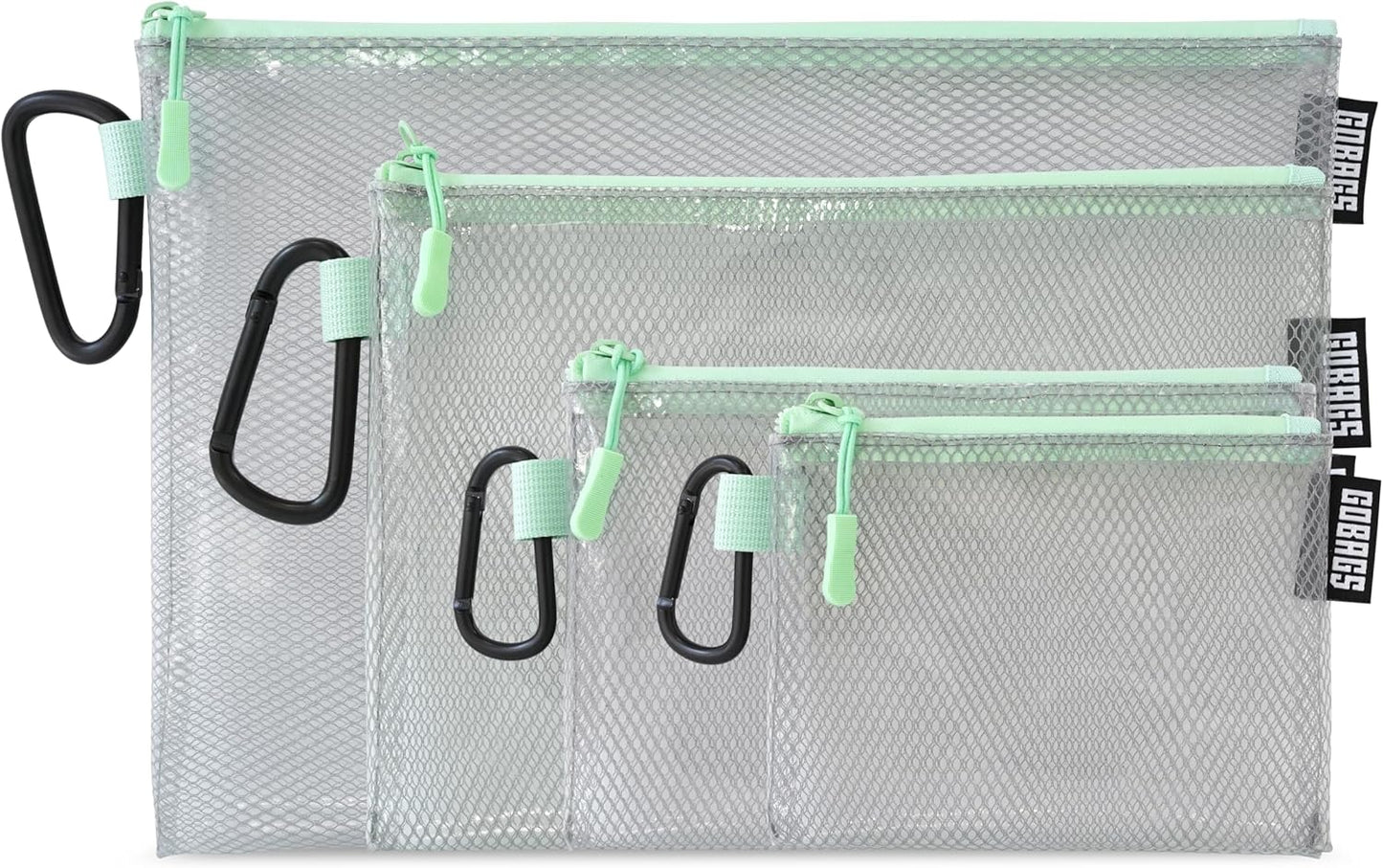 GOBAGS Air Production Multi‑Size Clear Zipper Pouch (4‑Pack) – Cable Organizer & Travel Gear Bag for Electronics, Camera Accessories, Tool Pouch & Small Tech Storage (Mint Green)