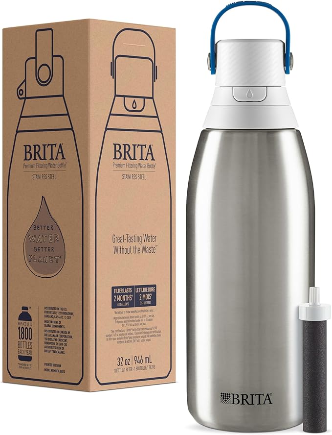 Brita Stainless Steel Premium Filtering Water Bottle, BPA-Free, Reusable, Insulated, Replaces 300 Plastic Water Bottles, Filter Lasts 2 Months or 40 Gallons, Includes 1 Filter, Stainless - 32 oz