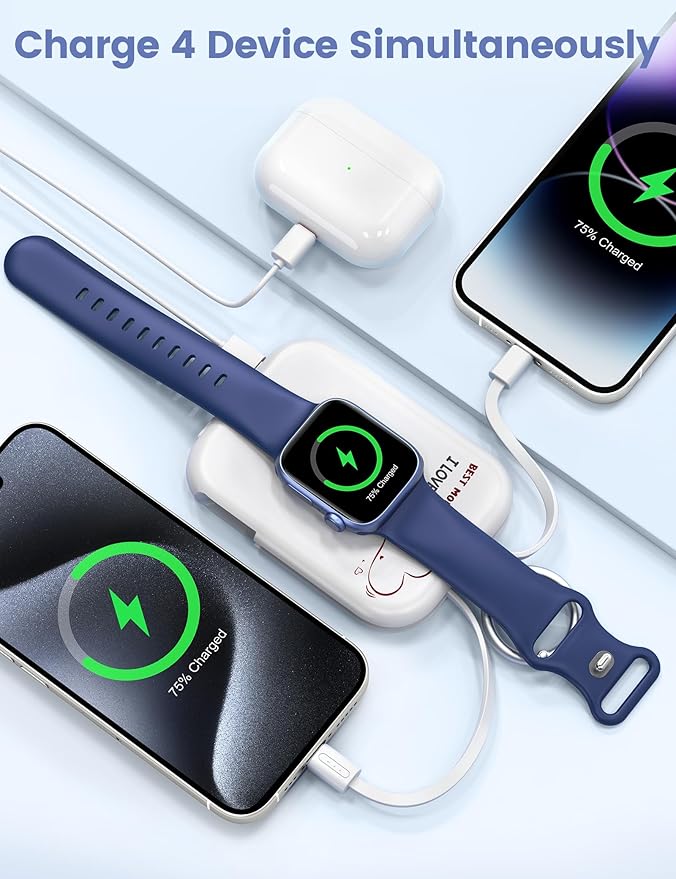 RORRY Portable Charger, 5000mAh Portable Charger Power Bank with Built-in Cables, Travel Keychain Battery Pack for Apple Watch Ultra/11/10/9/8/7/6/SE, iPhone Air/17/16/15/14/13/12, Mom-White