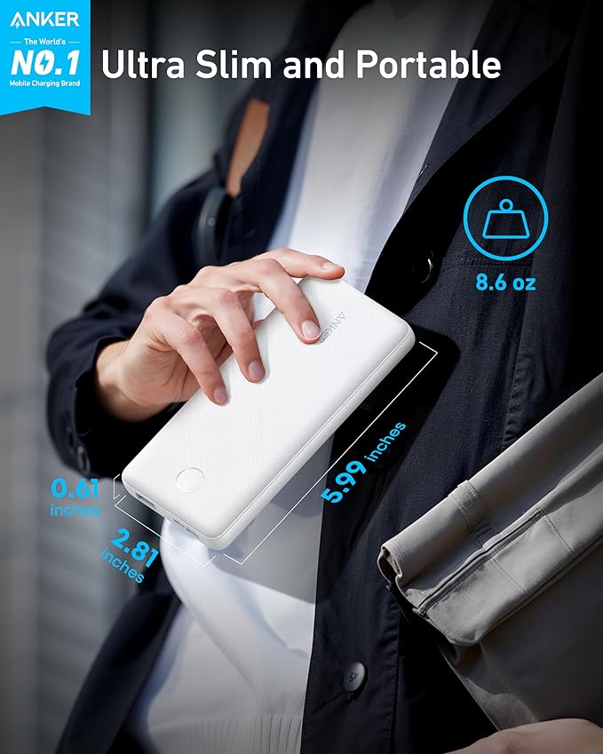 Anker Power Bank(PowerCore 10K), Compact Travel-Ready 10,000mAh Battery Pack with PowerIQ Charging Technology, 5V/3A High-Speed Charging for iPhone, iPad,and More(USB-C Input and Output(Black), 1pack)