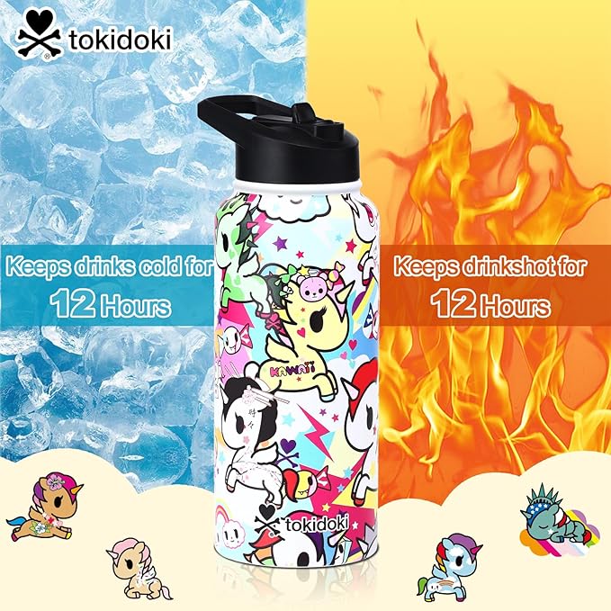 Tokidoki Unicorno Bottle 32oz Insulated Stainless Steel Water Bottle Reusable Vacuum Insulated Water Bottle Tumbler with Leak Proof Flip Bottle for Travel Office Gym (rainbow unicorno)